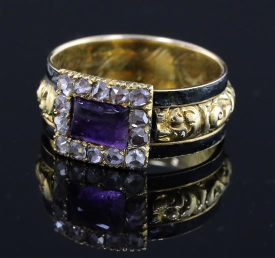A George IV gold, black enamel, foil backed amethyst and rose cut diamond set mourning ring, size P.